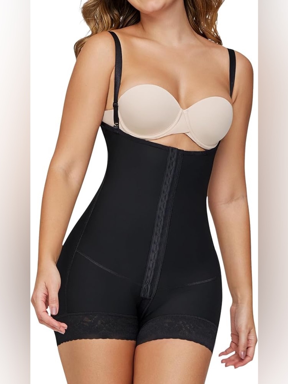 Black Tummy Control Shapewear Bodysuit Zipper Corset Lace Trim